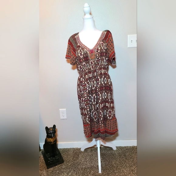 One World Womens Multicolor Embellished Paisley Print Dress Flutter Sleeves Sz M - Picture 2 of 8